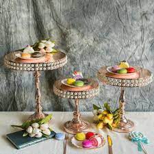 Set Of 3 Blush Blush Rose Gold Pearl Embellished Wedding Cake Stand Wedding Cake Stands Blush Roses Cake Stand