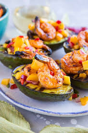 For charcoal grill, grill avocado halves, cut side down, on the rack of an uncovered grill directly over medium coals for 5 minutes or until browned. Stuffed Grilled Avocados With Shrimp And Mango Salsa The Roasted Root