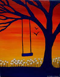 Learn how to paint a sunset with hot air balloon silhouettes afloat in the sky over a tree line. Yaya S Back Porch Studio Canvas Paintings Diy Canvas Art Painting Canvas Art Painting Acrylic Painting Art Lesson