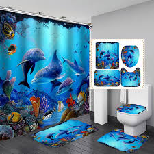 Six piece set contains shower curtain and rings, soap dish, lotion dispenser, toothbrush holder, and tumbler. 1 3 4pcs Animal Blue Sea Dolphin Print Waterproof Bathroom Shower Curtain Non Slip Rug Set Pedestal Rug Lid Toilet Cover Bath Mat Shower Curtains For Bathroom Decor Wish