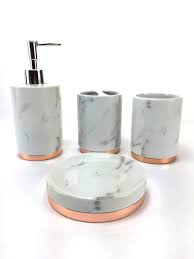 Shop bath accessories bath at up to 70% off! Wpm 4 Piece Bathroom Accessory Set Marble Look With Rose Gold Trim French Provincial Bath Gift Set Includes Liquid Soap Lotion Dispenser Toothbrush Holder Tumbler And Soap Dish Walmart Com Walmart Com