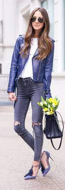 Navy Leather And Distressed Jeans Outfit Idea By Something Navy Jacket Outfit Women Jacket Over Dress Blue Leather Jacket Outfit