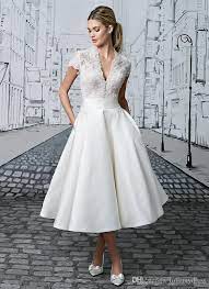 Short Wedding Dress Tea Length White Appliques Elegant Short Sleeve Deep V Neck Bottons Chea Wedding Dresses 2017 Trend Casual Wedding Dress Tea Length Dresses