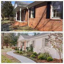 Before And After Painted The Brick White Built New Shutters And Added Landscaping And Roof Slowl Brick Exterior House Brick Ranch Houses Painted Brick House