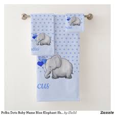 Made of pure cotton terry with a cotton sateen binding, these luxuriously soft bathtime pieces are delicate and smooth on their skin. Polka Dots Baby Name Blue Elephant Shower Nursery Bath Towel Set Zazzle Com Baby Bath Towel Blue Elephants Blue Towels