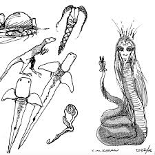Sketch of a magic serpent and various entities...