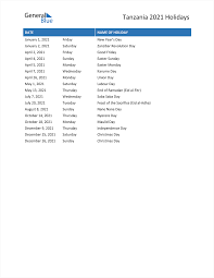 Tanzania Holidays 2021 In Pdf Word And Excel