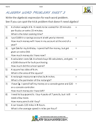 Word problems require practice in translating verbal language into algebraic language. Basic Algebra Worksheets