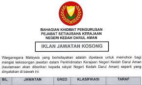 Kerajaan negeri kedah ~ pembantu setiausaha pejabat, pegawai khidmat pelanggan, pem. Jawatan Kosong Terkini Pejabat Setiausaha Kerajaan Negeri Kedah Warganegara Malaysia Rakyat Negeri Kedah Diutamakan Untuk Memohon Kekosongan Jawatan Yang Diiklankan Tarikh Tutup 12 Julai 2020 Iklan Lengkap