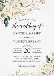 Greenery White Rose Floral Gold Leaves Wedding Invitation Zazzle Com Desain Undangan Perkawinan Kartu Undangan Pernikahan Undangan Perkawinan