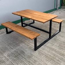 Industrial Outdoor Garden Picnic Table Bench Set Chic Bar Cafe Restaurant Furniture Steel Solid Reclaimed Wood Gt001 Picnic Table Bench Table And Bench Set Outdoor Bench Table