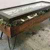 Wooden table with hand bent planter legs filled with beautiful green plants. 1