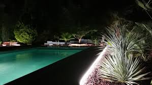 Massif De Plantes Exotiques En Peripherie D Une Piscine Eclaire Par Une Bordure En Aluminium Avec Ruban De Led Etanche Integr Jardins Bordure De Jardin Bordure