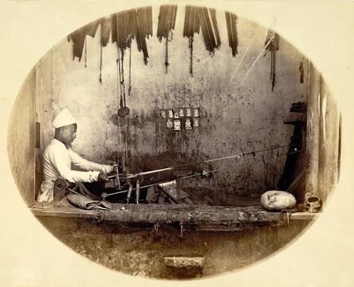 RBSI - Gold puggree border weaver - 1873 Photograph of a gold puggree border weaver at work in India, taken by Shivashankar Narayan in c. 1873, from the Archaeological Survey of India Collections. This imag