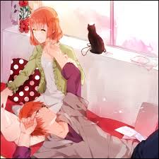 yayata (884), ittoki otoya, nanami haruka, uta no prince-sama, bad id, bad  pixiv id, 10s, 1boy, 1girl, cat, flower, jewelry, lap pillow, necklace,  pink hair, red eyes, red hair, rose, short hair,
