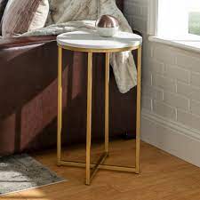 Round tray table coffee bedside table storage steel leg industrial modern decor. Ember Interiors Modern Glam Round End Table White Faux Marble Gold Walmart Com Walmart Com