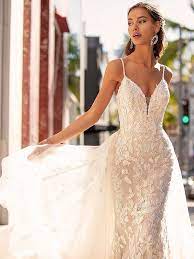 Leaf Lace Mermaid Bridal Gown With Detachable Train H1452 Glamourous Wedding Dress Bridal Gowns Mermaid Form Fitting Wedding Dress