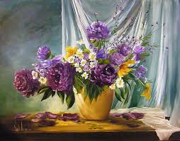 Common purple flowers in arrangements. Hd Wallpaper Painting Of Purple Flower Arrangement Picture Art Menstruation Wallpaper Flare