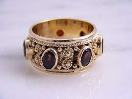 Vintage Etruscan Style Garnet Eternity Band Ring 14k Yellow Gold Et 4 Eternity Bands Eternity Band Ring Edwardian Jewelry