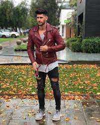 How To Wear Burgundy Leather Biker Jacket Grey Crew Neck T Shirt Black Ripped Skinny Jeans Hipster Mens Fashion Mens Fashion Casual Brown Leather Jacket Men