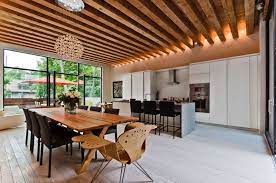Wood flooring plus your wood ceiling would be overkill imo. 55 Awesome Modern Kitchen Designs Show Up Dining Area Amazing Wood Ceiling In The Kitchen Wooden Ceiling Design Interior Architecture Wooden Ceilings