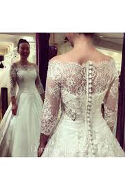 Off Shoulder Scalloped Neckline Satin Ball Gown With Lace And 3 4 Sleeves Ball Gowns Gowns With Sleeves Wedding Gowns With Sleeves