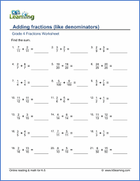 Grade 4 Fractions Worksheet Adding Fractions Like Denominators Fractions Worksheets Adding Fractions Math Fractions Worksheets