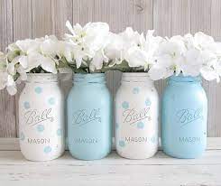 Baby Shower Decorations Polka Dot Mason Jars Nursery Decor Etsy In 2021 Mason Jar Baby Shower Mason Jar Centerpieces Baby Shower Baby Boy Centerpieces