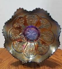 Vintage Fenton Blue Carnival Glass Grape And Peacock Bowl Saw Tooth Edge Ebay