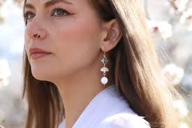 DENISE , Light Blue Gold Freshwater Baroque Pearl Art Deco Wedding Earrings 