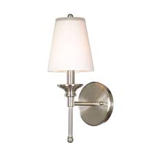 Our preston wall sconce features a sleek candle arm and stepped round wall plate. Hampton Bay Sadie 1 Light Satin Nickel Wall Sconce With Opal White Glass Shade 19574 011 The Home Depot
