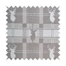 Vinyl grain texture quilted foam fabric 2 x 3 diamond with 3/8 foam backing upholstery is durable and strong. Highland Collection Luxury Soft Like Cotton Feel Stag Deer Head Animal Design On Checked Grey White Background Chenille Upholstery Fabric Jo 234 Cushions Yorkshire Fabric Shop