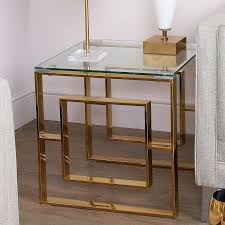Plaza Gold Contemporary Clear Glass Side End Display Table Picture Perfect Home In 2020 Tempered Glass Table Top Gold Side Table Mirrored Side Tables