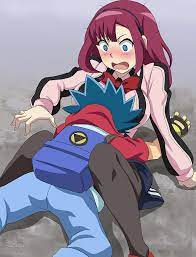 makino tomoyasu, aoi valt, christina kuroda, beyblade, beyblade: burst,  1boy, 1girl, accident, accidental pervert, backpack, bag, between breasts,  black hairband, black pantyhose, black skirt, blue eyes, blue hair, blue  pants, blush, bow,