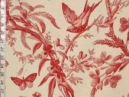 All of these great red toile designs are available in fabric by the yard, fabric by the meter, wallpaper and home decor items like curtains, bedding, pillows and dining. Red Toile Fabric Bird And Butterfly Fabric At 18 00 Yard Red Toile Fabric Toile Fabric Red Toile