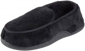 Isotoner Mens Terry Moccasin Slipper With Memory Foam For Indoor Outdoor Comfort Black Large
