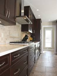 Travertine Backsplash Design Ideas Pictures Remodel And Decor Backsplash With Dark Cabinets Travertine Backsplash Brown Kitchen Cabinets