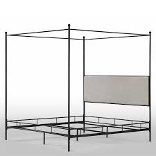 The metal is powder coated in a high gloss finish. King Size Metal Canopy Bed Cream Color Upholstered Headboard