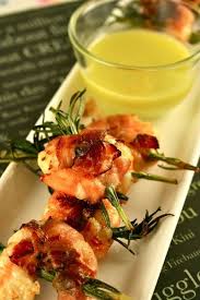 Bacon Wrapped King Prawns On Rosemary Skewer With Lemon Olive Oil Dip Food Seafood Recipes Rosemary Skewers