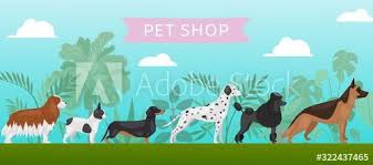 Pet Shop Banner With Different Breeds Dogs Petshop Service Vector Illustration Food For Big Size Dogs And Home Pets Happy An In 2020 Dog Friends Pet Shop Dog Breeds