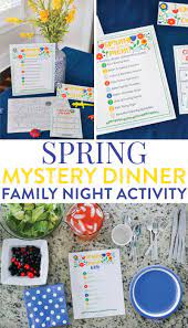It does take awhile to get through the game (a minimum of an hour and a half) so you don't want a lot of hungry kids! Spring Mystery Dinner Family Night Activity With Free Printables Family Night Activities Mystery Dinner Family Dinner Night