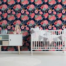 Boho Floral Peel and Stick Wallpaper Navy Pink Orange Contact Paper