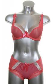 Womens Coral Satin Underwired Bra Set B Cup