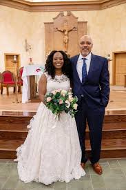 Bride And Father Catholic Wedding Lace Ivory Wedding Dress Navy Blue Suit Brown Leather Shoes Ivory Wedding Dress Lace Weddings Wedding Dresses
