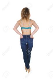 Eine Junge Schöne Frau Stand Von Hinten In Jeans Und Blauen Bh Mit Langen  Beinen Und High Heels, Isoliert Für Weißen Hintergrund. Lizenzfreie Fotos,  Bilder Und Stock Fotografie. Image 75313576.