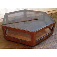 Lane Vintage Mcm Walnut Hexagonal Coffee Table With Smoked Glass Aptdeco Hexagon Coffee Table Coffee Table Smoked Glass