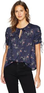 Lucky Brand Womens Puff Tie Sleeve Printed Top Navy Multi
