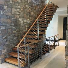 Minimal metal rail for 50s home. Dual Steel Stringer Open Risers With Wood Stair Treads And Stainless Steel Horizontal Railing Stair Buy Stair Stainless Steel Wood Stair Steel Folding Stairs Product On Alibaba Com