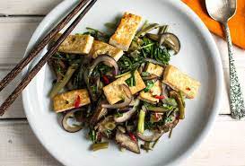Spicy Stir Fried Eggplant Tofu And Water Spinach Ong Choy Recipe Recipe Water Spinach Tofu Recipes