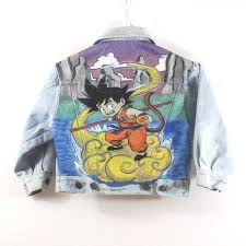The conception of this magnificent dragon ball z goku 59 orange jacket is crafted with world's finest quality pu leather in orange with internal viscose lining. Veste Jean Kid Bleue K4u Creations Motif Dragon Ball Z Peint A La Main Taille 4 Ans Light Blue Jean Jacket Light Blue Jeans Blue Jean Jacket